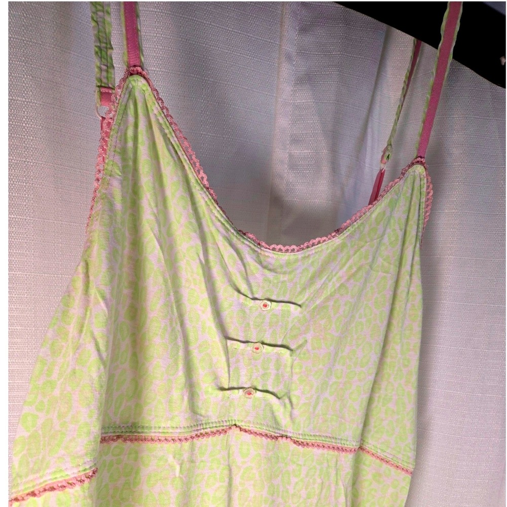 Lilly Pulitzer Lime Green Pink Leopard Print Lace Trim Chemise‎ Nightgown Medium